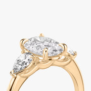 Oval Cut - Plain Band - Three Stone Ring - 0.25 Ct Side Stone each - 14 K Gold